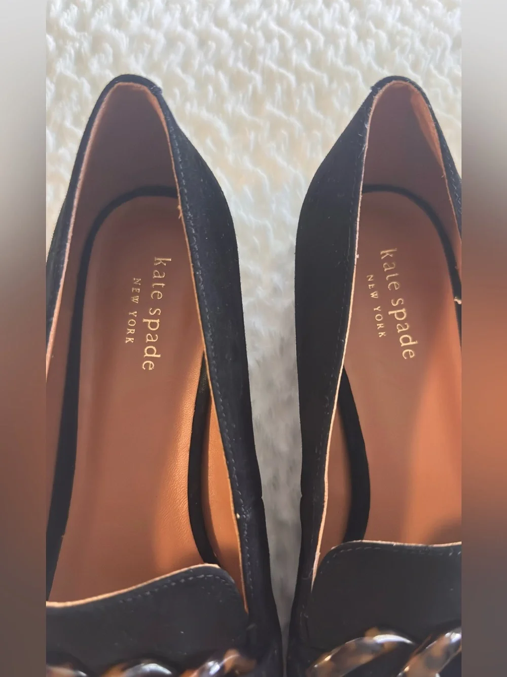 kate spade Black Suede Loafers with Tortoiseshell Chain